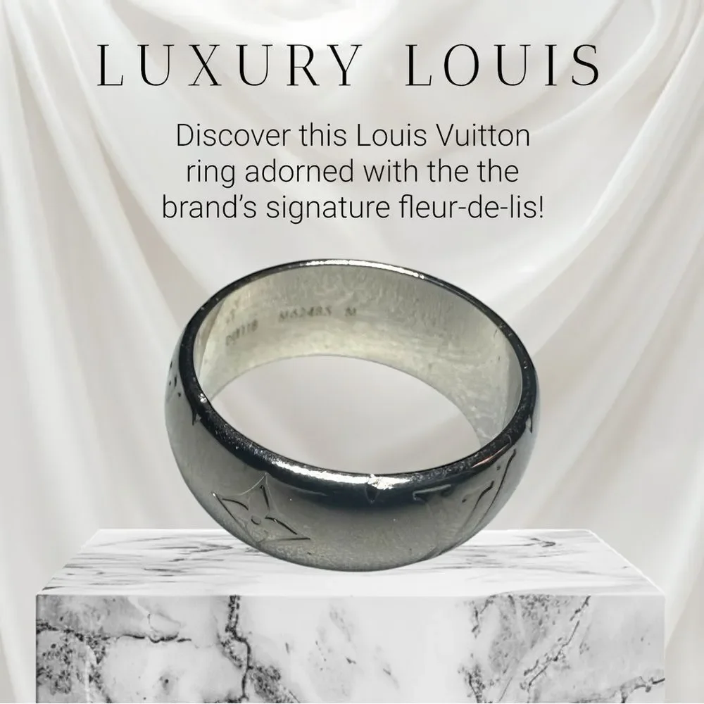 Louis Vuitton Silver Monogram & Fleur-De-Lis Ring M62485 Band Ring Auth